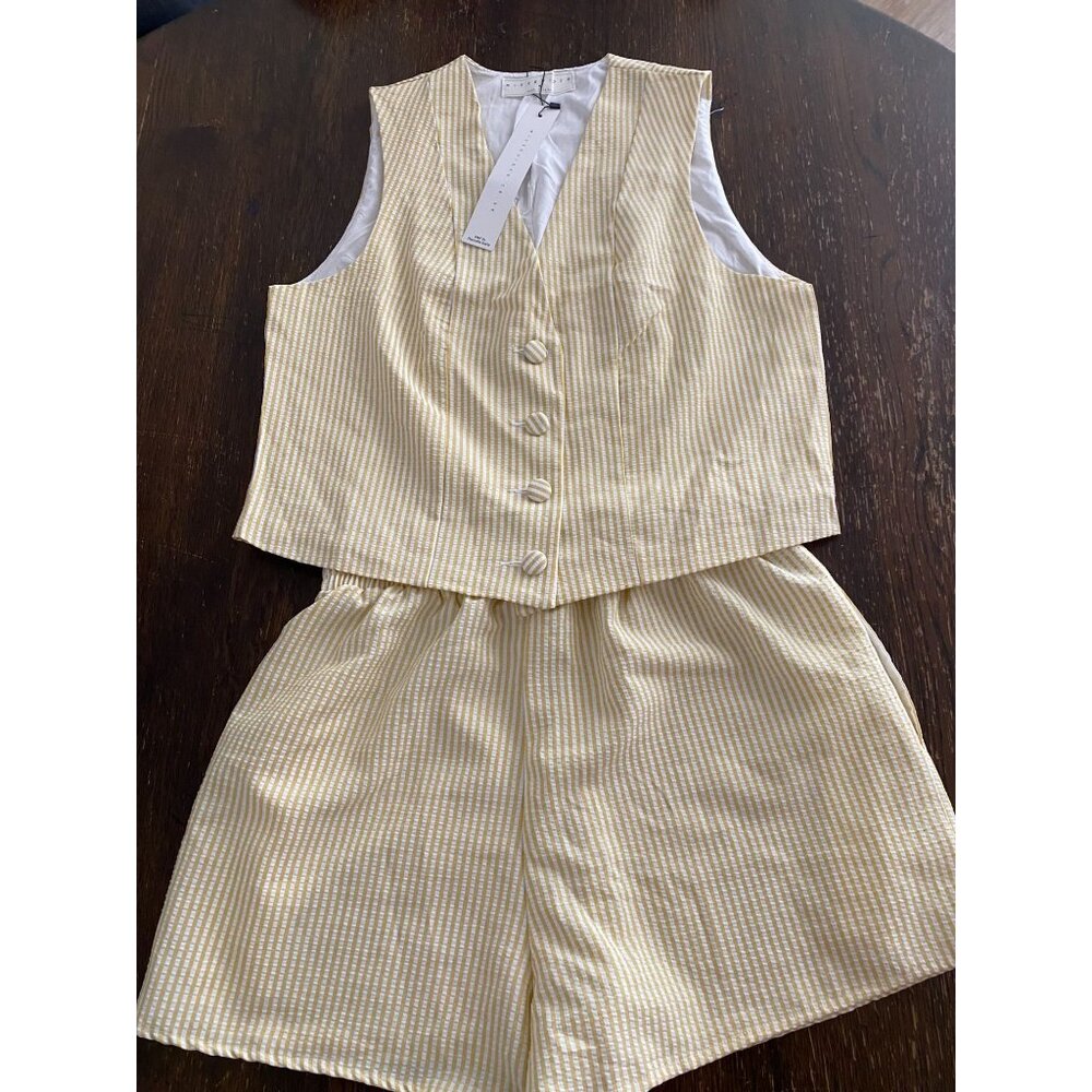 Yellow & White Striped Linen Vest & Shorts Set - Womens medium - Button Front